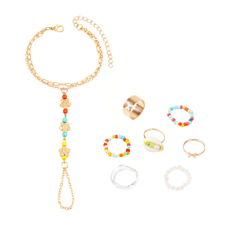 Hand Chain Bracelets Finger Ring Jewelry With 7pieces Beaded Rings