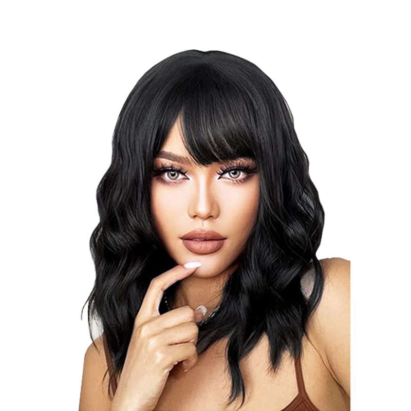 14inch Short Wavy Wig With Bangs - Black