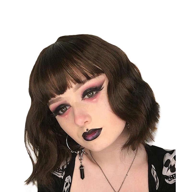 Wavy Bob Wig With Bangs Short Curly Synthetic Wig - Brown