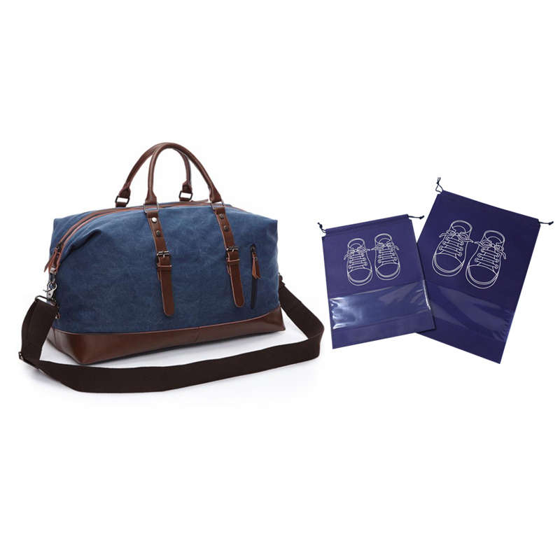 Webuy Canvas Duffel Shoulder Weekender Overnight Bag With Shoe Bags - Blue
