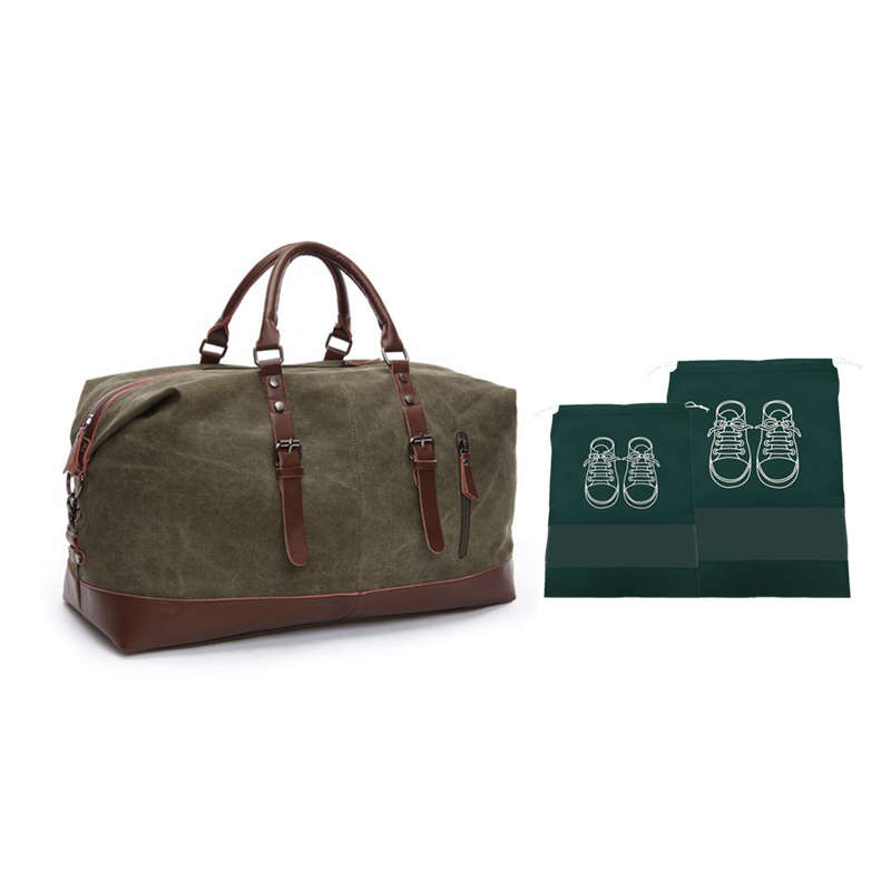 Webuy Canvas Duffel Shoulder Weekender Overnight Bag With Shoe Bags - Green