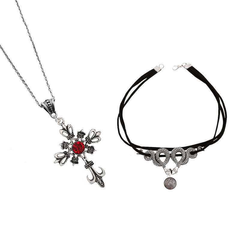Bigfive Double Snake Choker Necklace With Gothic Cross Necklace
