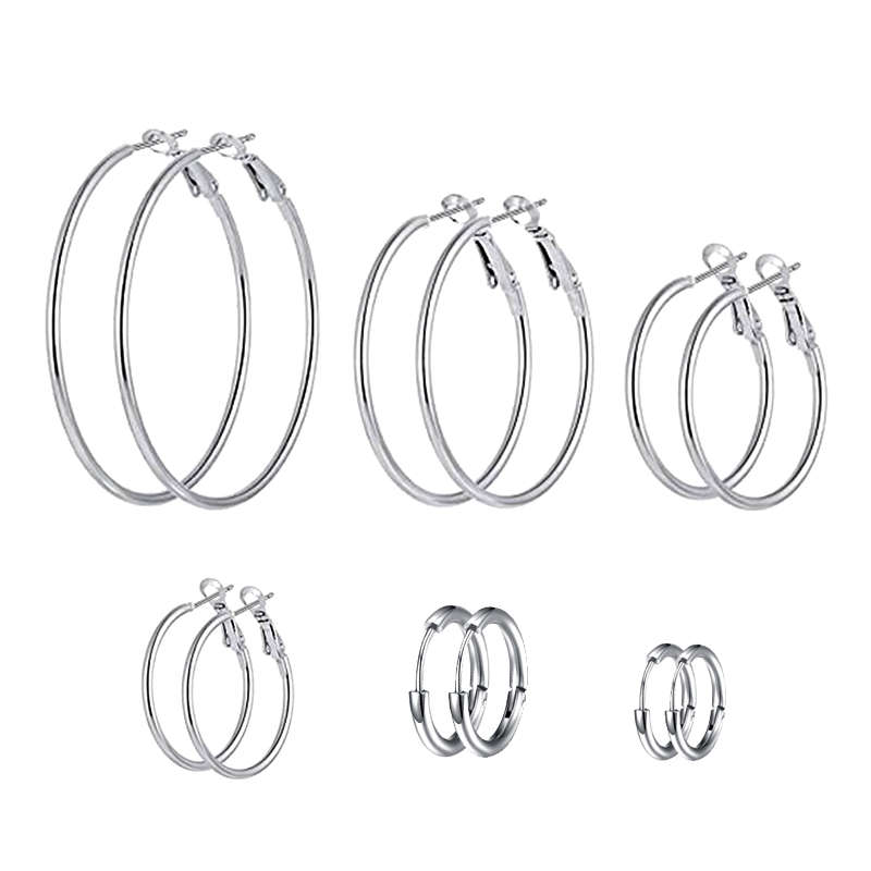 6 Pairs Stainless Steel Hoop Earrings Set 30-60mm - Silver