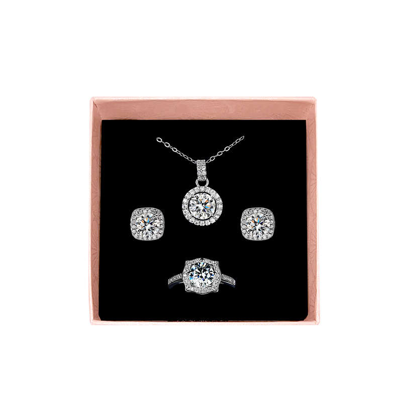 Zirconia Pendant Necklace Earrings Ring Set - Round