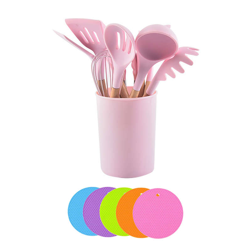 12 Piece Silicone Kitchen Cooking Utensils Set With 5 Piece Insulation Pad - Pink
