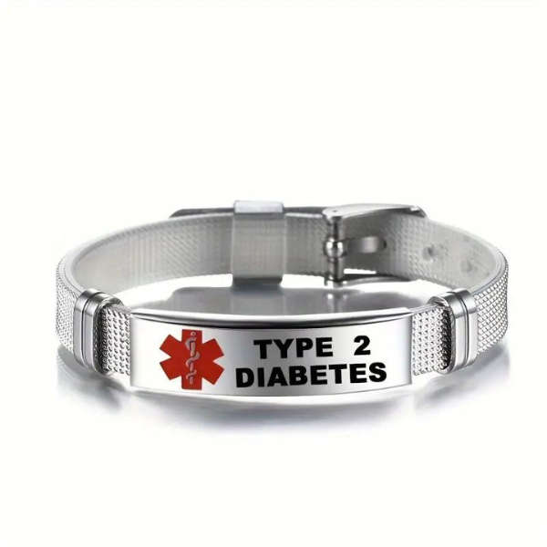 Stainless Steel Medical Alert Bracelet  Type 2 Diabetes | 23cm Adjustable Wristband with Silic...