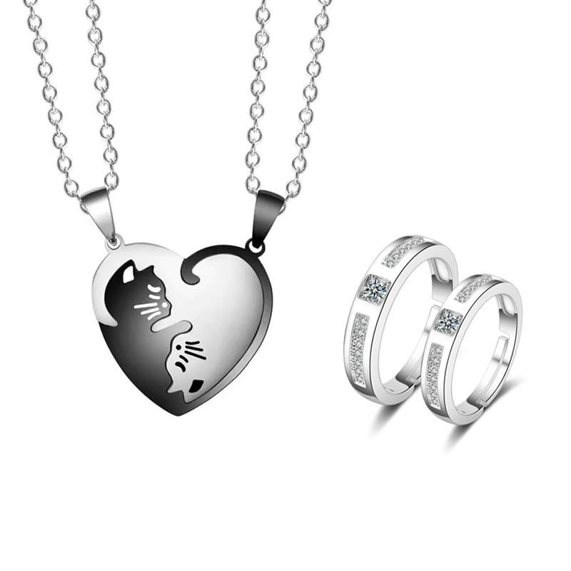 Stainless-Steel Matching Kitty Cat Friendship Pendant Necklace and Ring Set