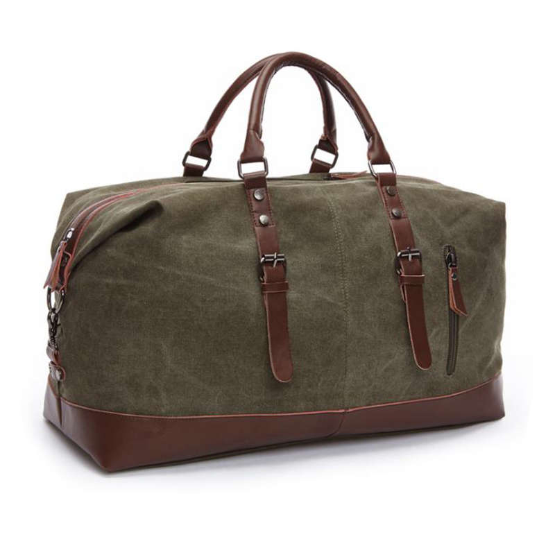 Oversized Leather Canvas Duffel Shoulder Overnight Bag - Army Green