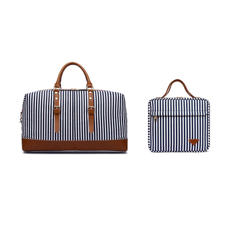 2 Set Stripe Duffel Bag Travel Tote with Toiletry Bag