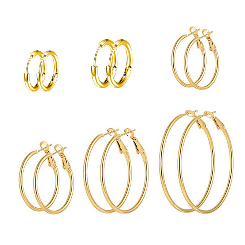 6 Pairs Stainless Steel Hoop Earrings Set 30-60mm - Gold