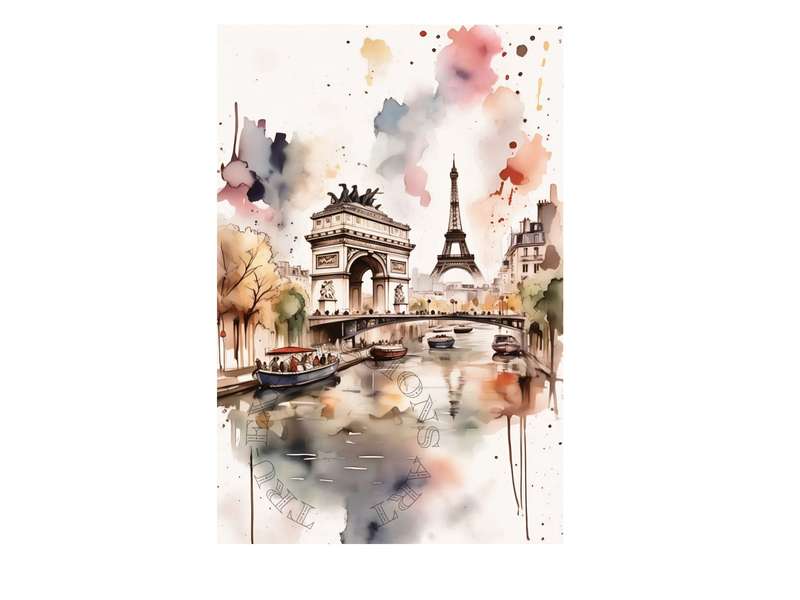 Paris Seine Inkwash Unframed Print on Canvas - A3 Size