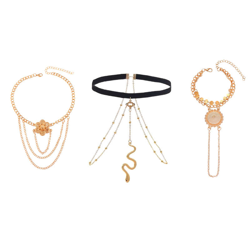 Boho Arm Cuff Bracelet With Finger Ring Bracelet and Thigh Chains Set