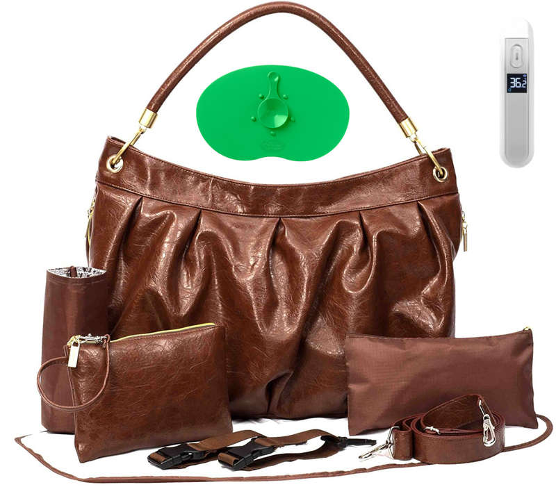 Newborn Baby Bulk Kit W Brown Nappy Bag, Thermometer, Suction Mat Plate