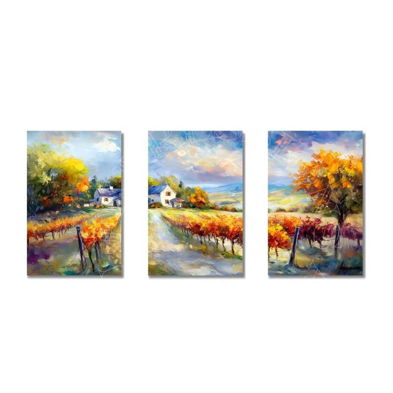 Vineyard Landscape Triptych Autumn UNFRAMED Canvas Print-A4 - 210 X 297 mm