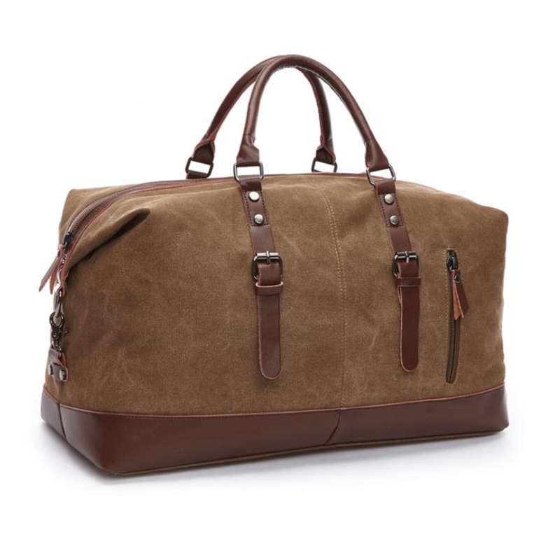 Oversized Leather Canvas Duffel Shoulder Overnight Bag - Coffee