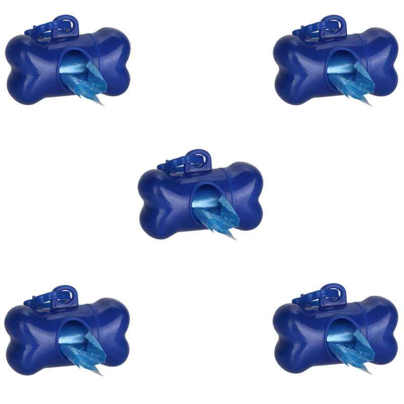 5 x Dog Poop Poo Plastic Bags Set for Pet Walking - Blue - Bone Shape Holder