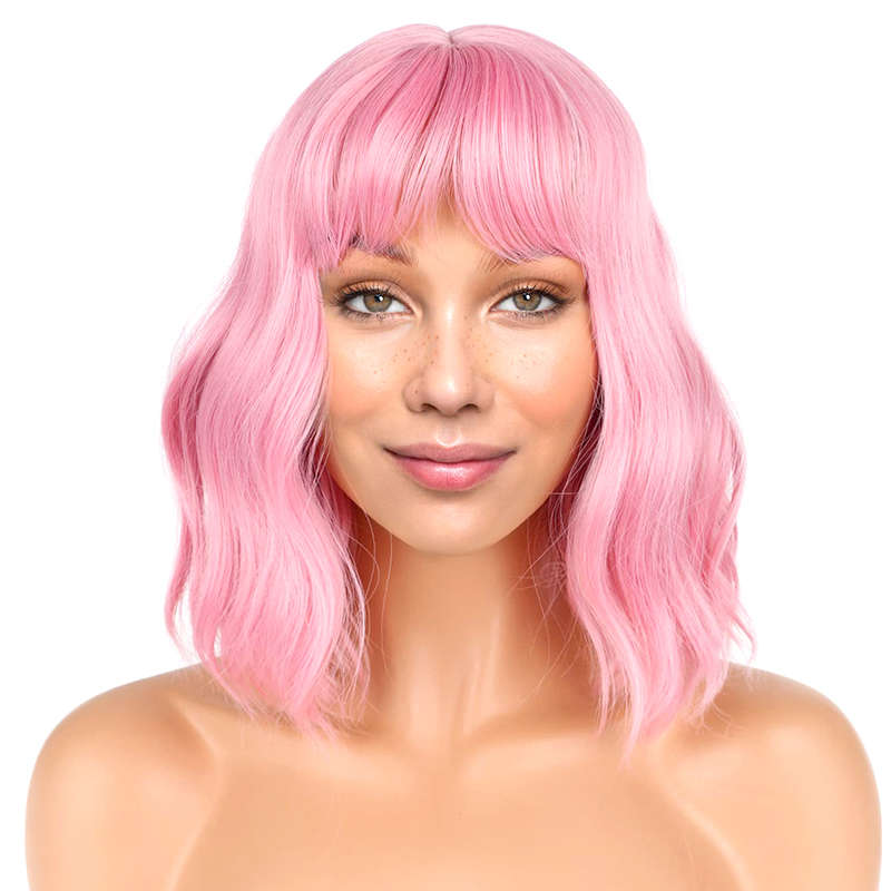 Jacaranda 12 Inch Short Bob Pink Wigs With Bangs