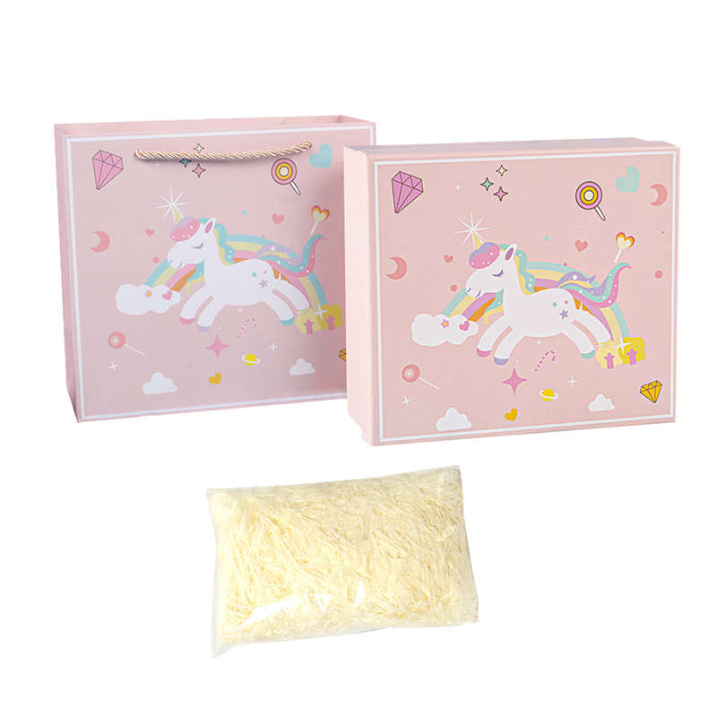 Rainbow Unicorn Gift Box With Lid And Shredded Paper Filler - Pink - L