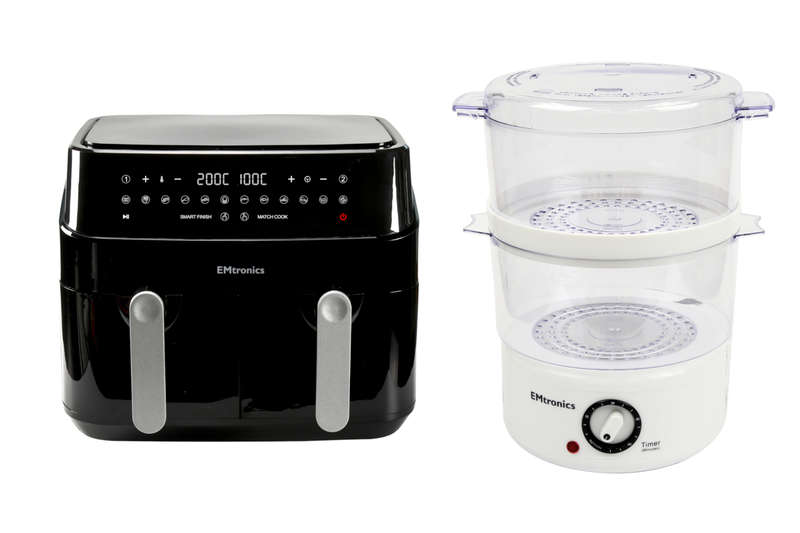 EMtronics 9L Dual Drawer Air Fryer & 2 Tier Food Steamer - Healthy Cooking