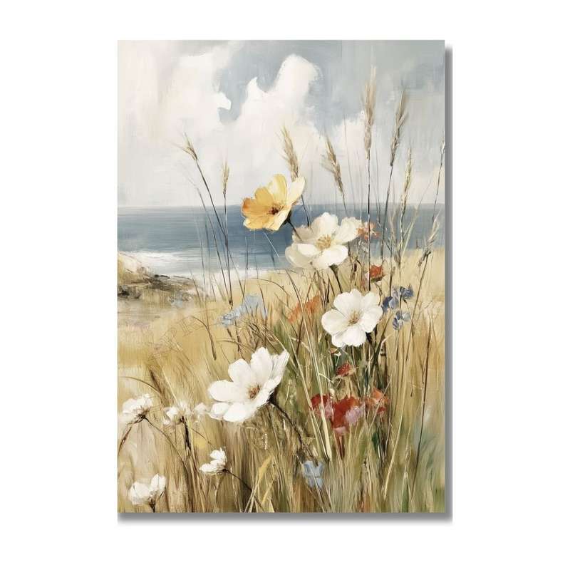 French Coastal Daisy Landscape Canvas Print | UNFRAMED Unframed premium cotton canvas print-A3 - ...