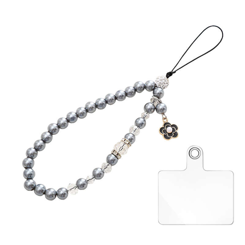 Beaded Crystal Pearls Phone Charm Chain with Patch - Black