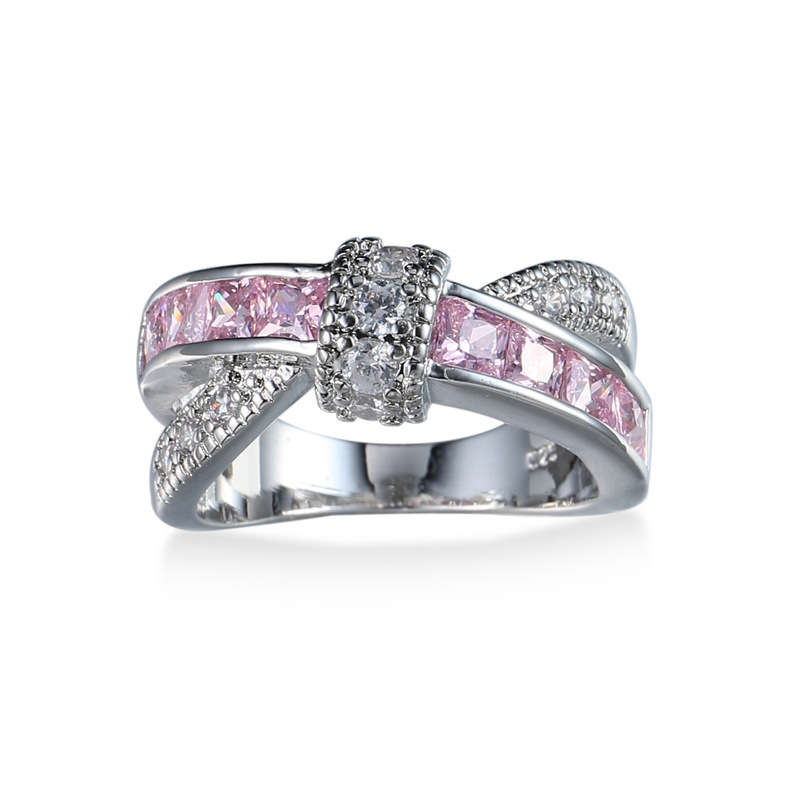 DHAO-Womens Fashion Platinum Plated Zircon Cross Wedding Ring - Pink 6