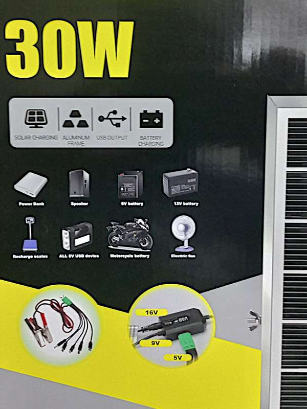EA090   Vikaro - Multifunction Solar Panel Charger 5/9/16 Volts 30 Watt