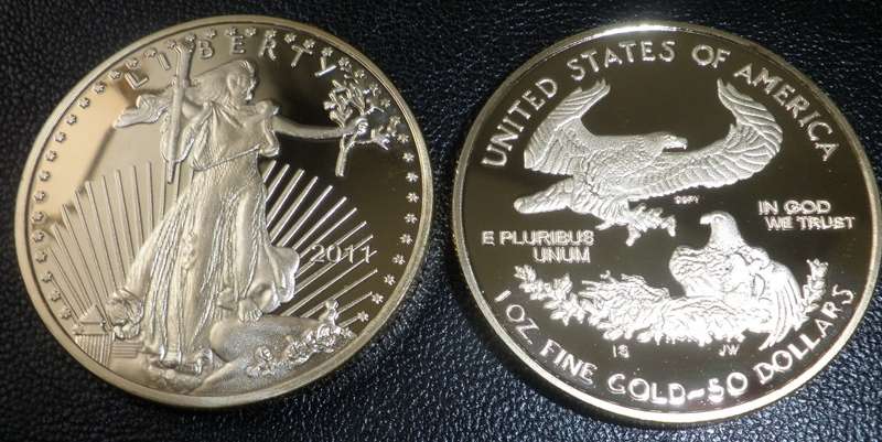 50 DOLLARS 2011 USA EAGLE GOLD PLATED COIN 1TR. OZ PROOF