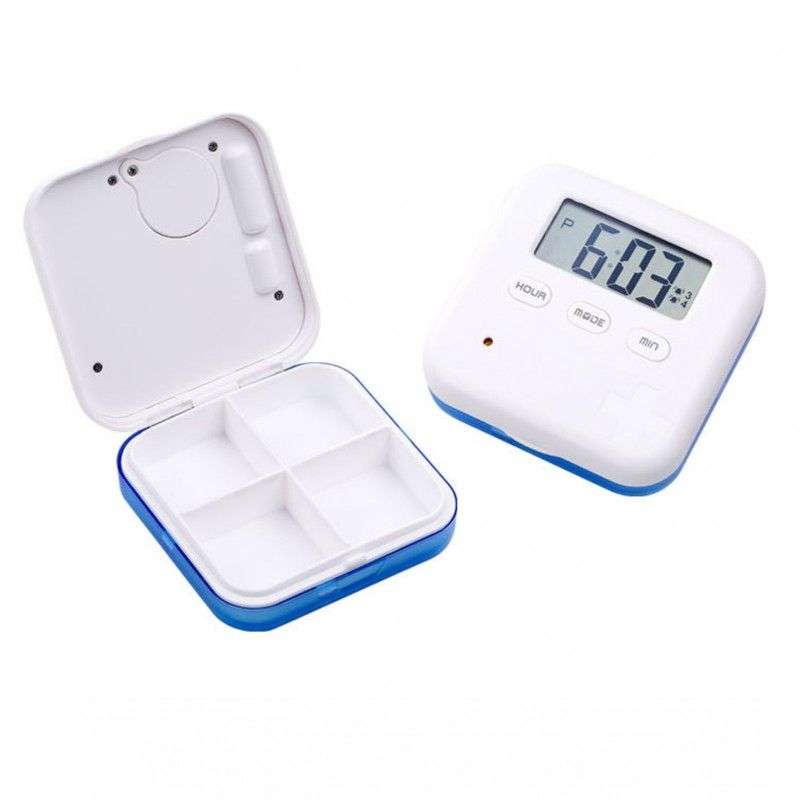 Pill Box Organizer with Electronic Timer and Alarm Reminder (4 x Seperated Medicine Compartments)