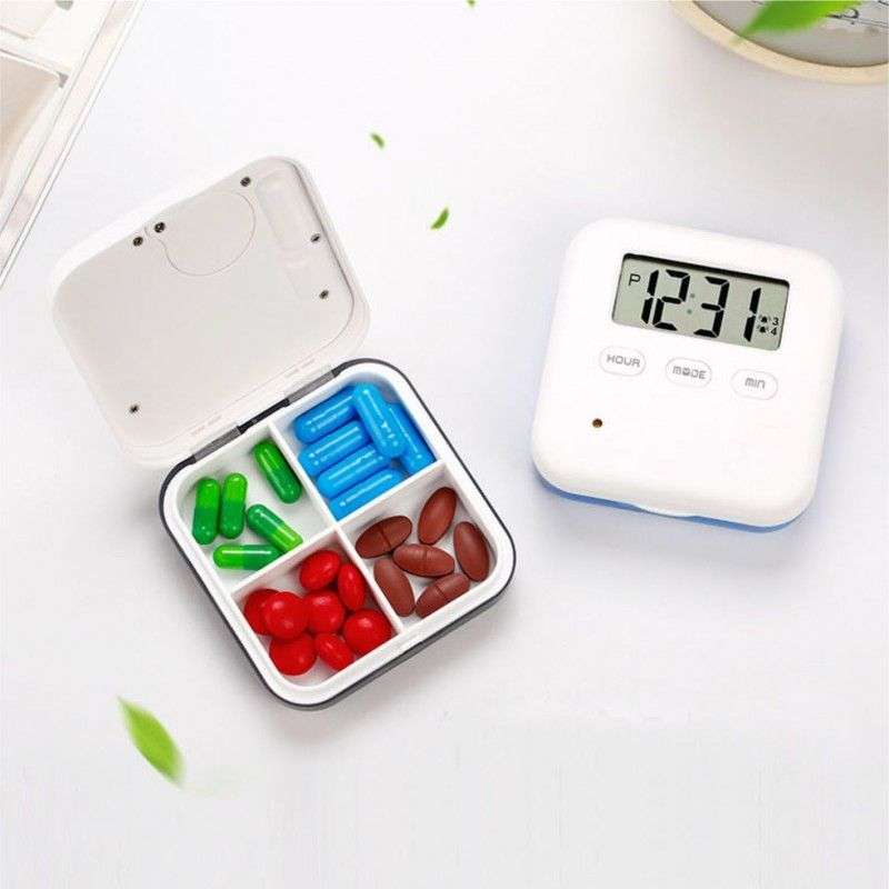 Pill Box Organizer with Electronic Timer and Alarm Reminder (4 x Seperated Medicine Compartments)