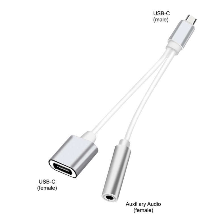 2-in-1 USB-C (Type-C) to 3.5mm Audio Jack and USB Type-C Charger with DAC Silver