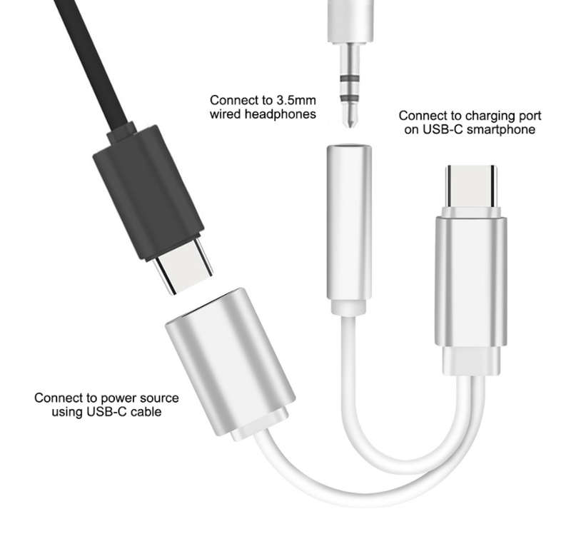 2-in-1 USB-C (Type-C) to 3.5mm Audio Jack and USB Type-C Charger with DAC Silver