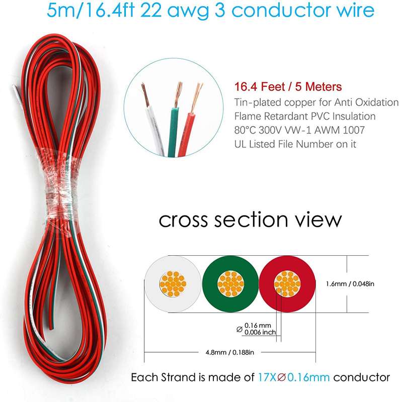 5 Pack 3 Pin 10mm Led Strip Light Connectors with 5M Extension Cable