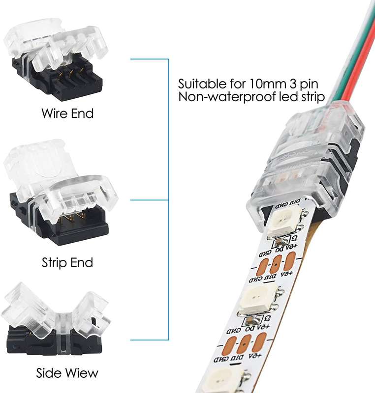 5 Pack 3 Pin 10mm Led Strip Light Connectors with 5M Extension Cable