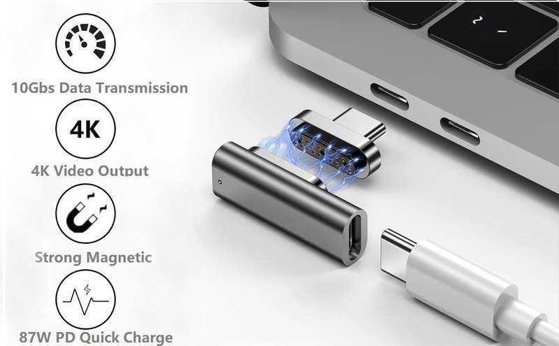 Magnetic USB-C Right Angle Connector Adapter Compatible with MacBook Pro/Pixelbook/Matebook Black