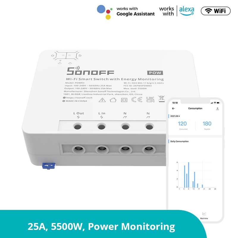 Sonoff POW R3 25A WiFi Geyser Smart Switch with Power Consumption Measurement (compatible with Go...
