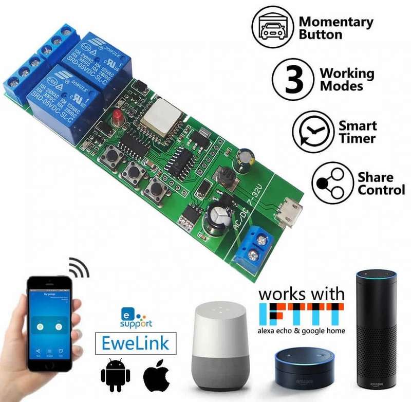 EWELINK WiFi 2 Channel Inching Relay Momentary/Self-Locking/Interlock Switch Module (ST-DC2)