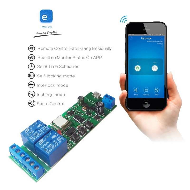 EWELINK WiFi 2 Channel Inching Relay Momentary/Self-Locking/Interlock Switch Module (ST-DC2)