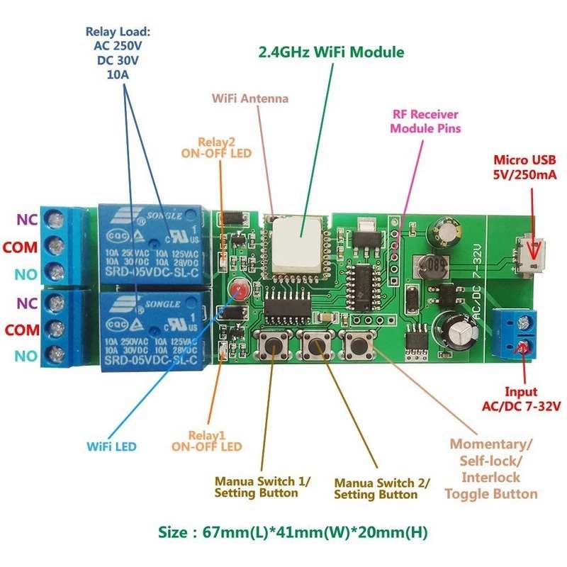 EWELINK WiFi 2 Channel Inching Relay Momentary/Self-Locking/Interlock Switch Module (ST-DC2)