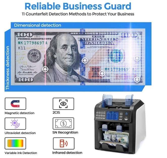 Dual Pocket Bank Note Cash Counter with Counterfeit Detection - Multi denomination/Multi Currency