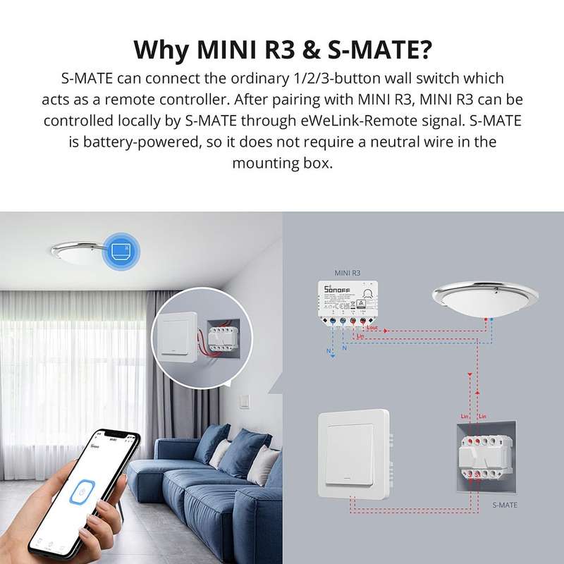 SONOFF S-MATE SMART SWITCH - (Smart Switch Solution for Switch Box with No Neutral Wire)