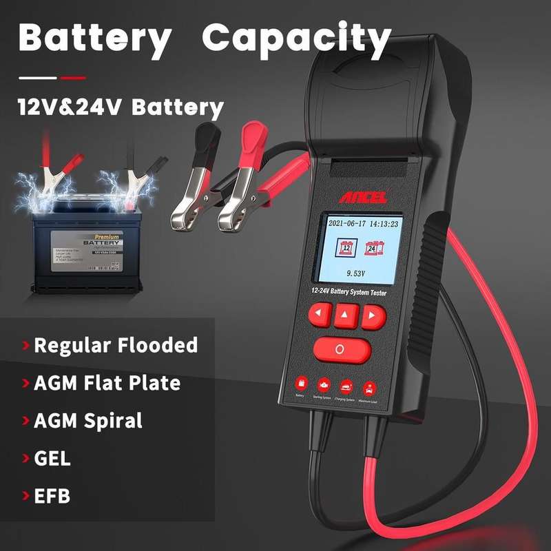 Ancel BST600 12-24V Battery Tester - Built-In Printer / 3.12V & 24V Battery Load Tester