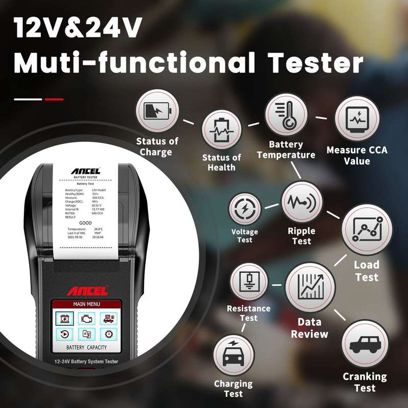 Ancel BST600 12-24V Battery Tester - Built-In Printer / 3.12V & 24V Battery Load Tester