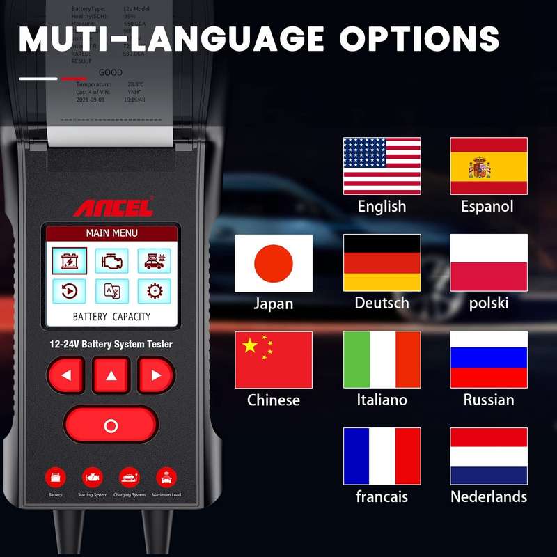 Ancel BST600 12-24V Battery Tester - Built-In Printer / 3.12V & 24V Battery Load Tester