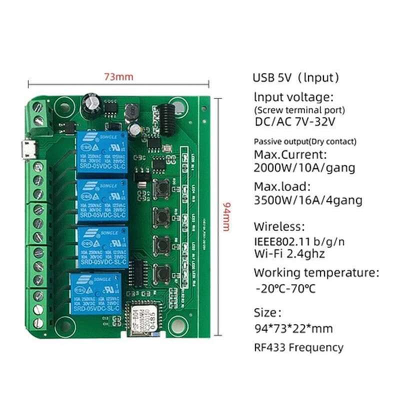 EWELINK WiFi / RF 4 Channel Inching Relay Momentary/Self-Locking/Interlock Switch Module (ST-DC4)