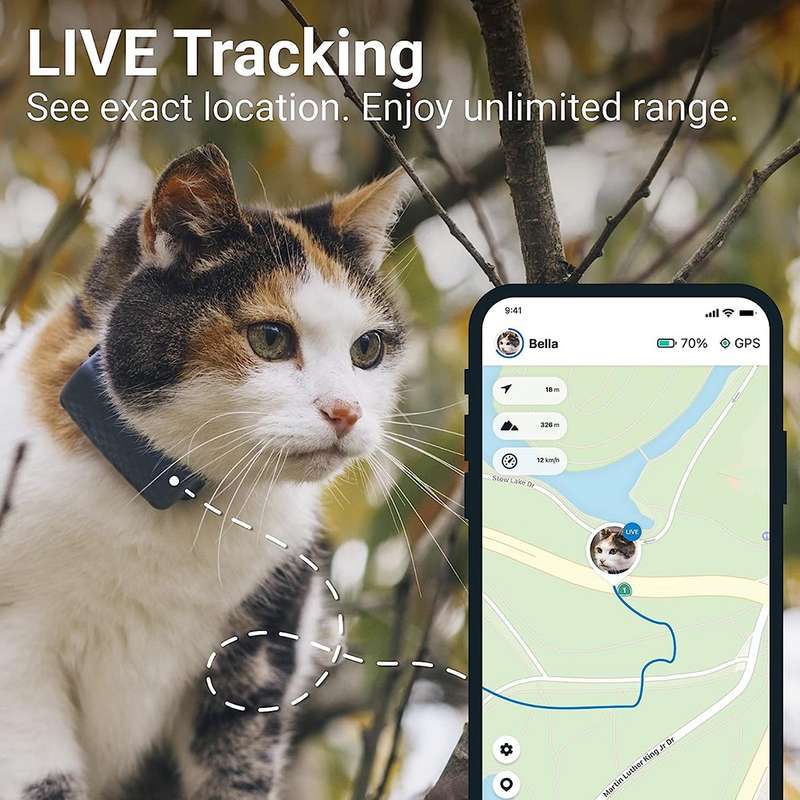GPS Cat Tracker - Waterproof / GPS Location & Smart Activity Tracker / Unlimited Range Mini