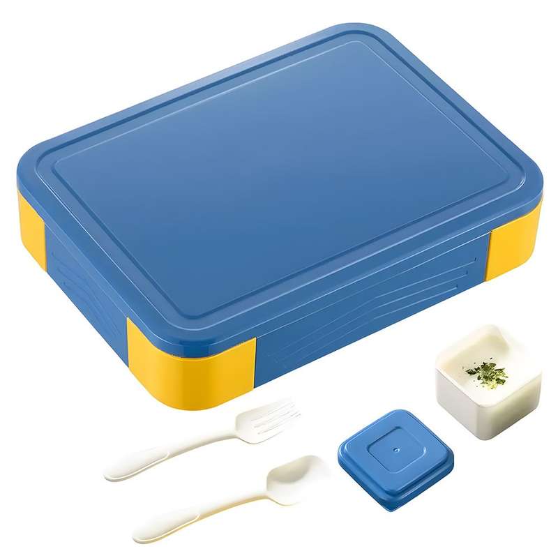 Colorful Compartment Lunchbox - with a fork- spoon- and small container Blue