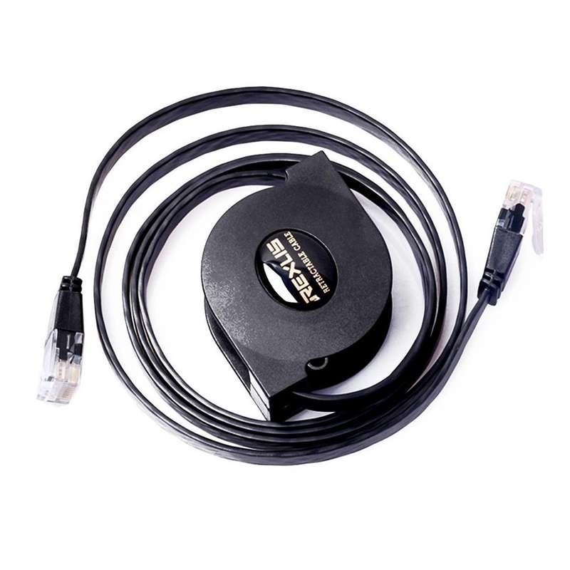 REXLIS 2m CAT6 Retractable Flat Cable - RJ45 Ethernet Network LAN Cable / Black