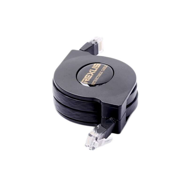 REXLIS 2m CAT6 Retractable Flat Cable - RJ45 Ethernet Network LAN Cable / Black
