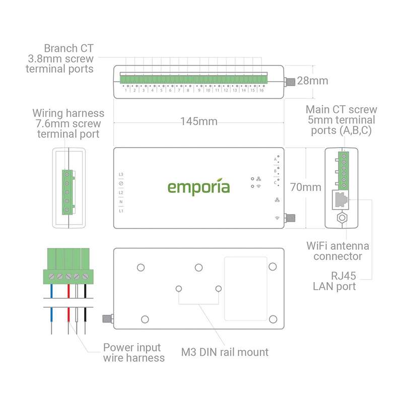 Emporia Vue Gen 3 Energy Monitor - with 200A 3-PHASE Sensors and 16x 50A Sensors